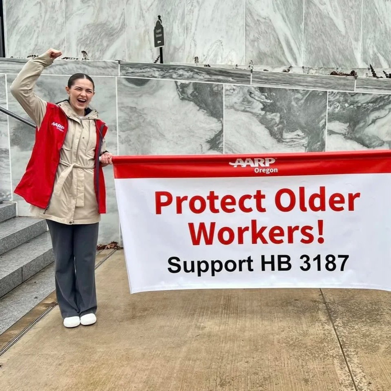 Rachel Marty lobbying outside the Capitol with AARP Oregon
